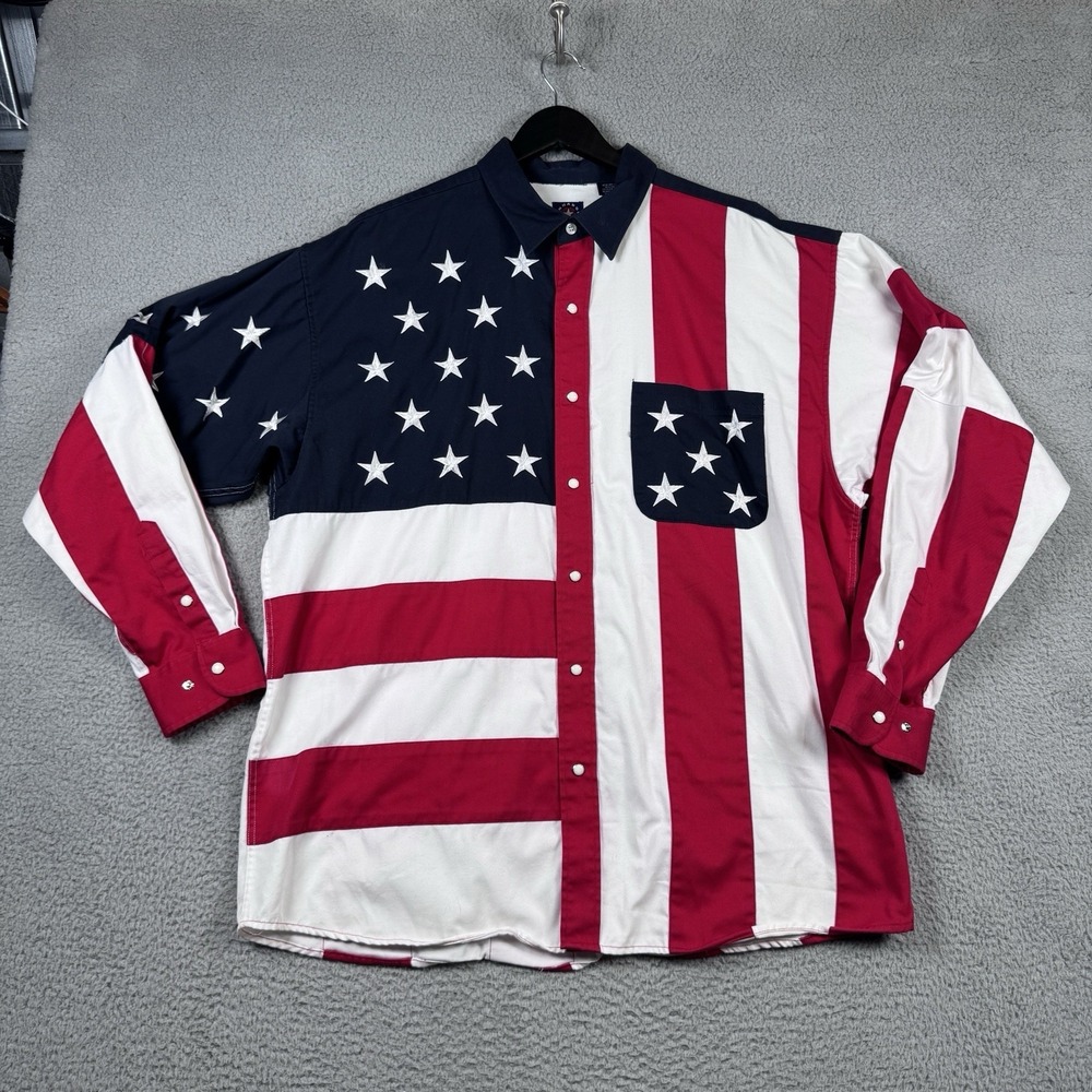 Panhandle Slim Shirt Mens XL Pearl Snap USA American Flag Stars Stripes July 4th